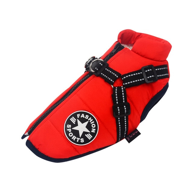 Waterproof Dog Coat with Harness, Red